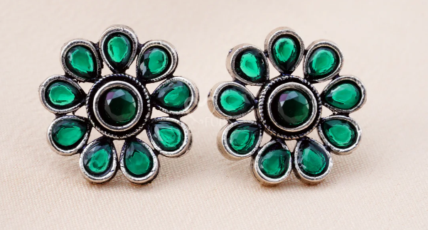 Set Of 12 Oxidized Designer Stud Earrings With Folding Jewelry Box