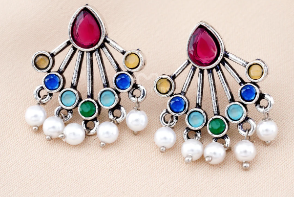 Set Of 12 Oxidized Designer Stud Earrings With Folding Jewelry Box