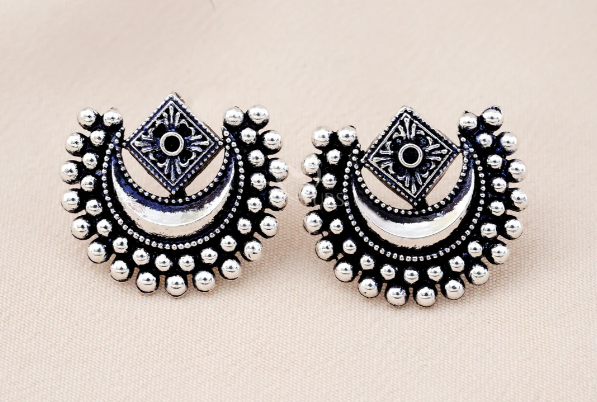Set Of 12 Oxidized Designer Stud Earrings With Folding Jewelry Box