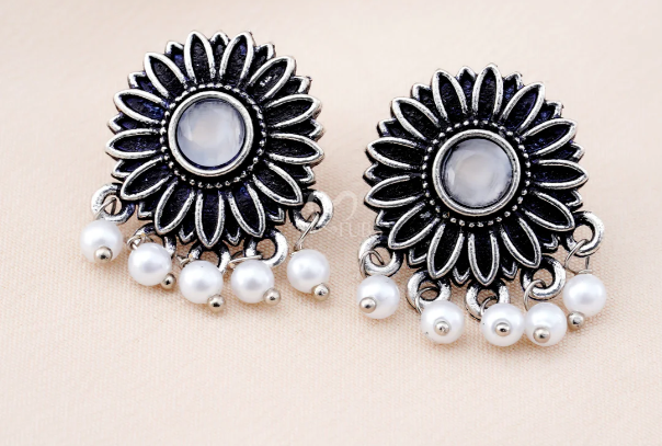 Set Of 12 Oxidized Designer Stud Earrings With Folding Jewelry Box