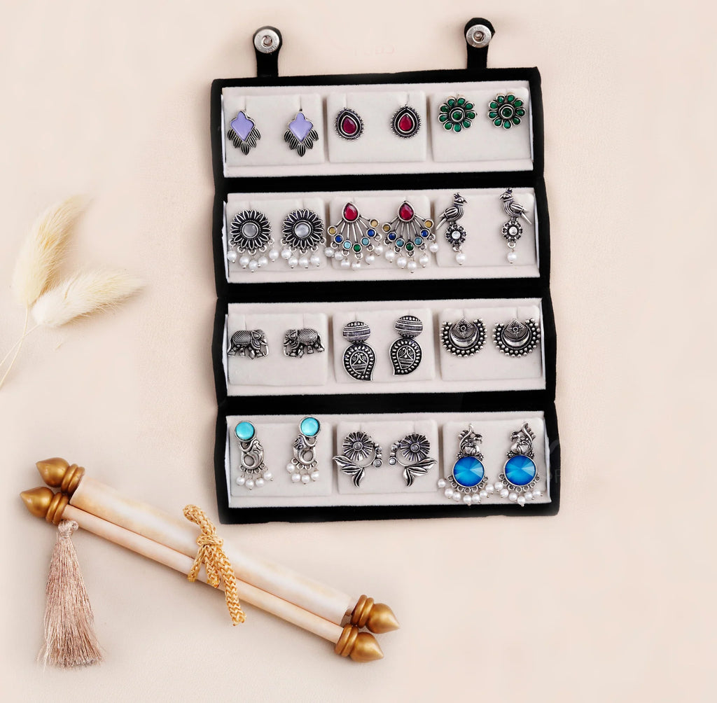 Set Of 12 Oxidized Designer Stud Earrings With Folding Jewelry Box