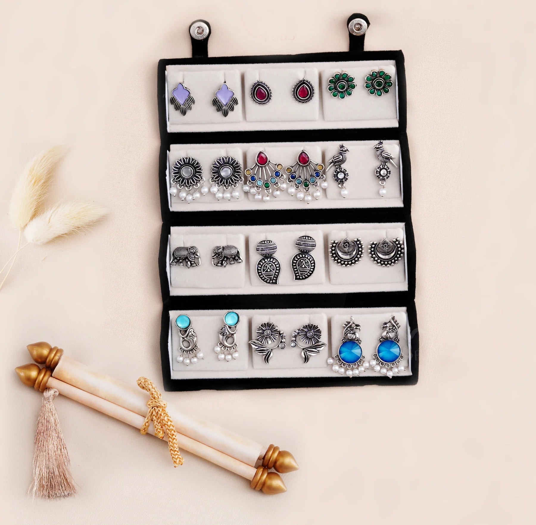 Set Of 12 Oxidized Designer Stud Earrings With Folding Jewelry Box